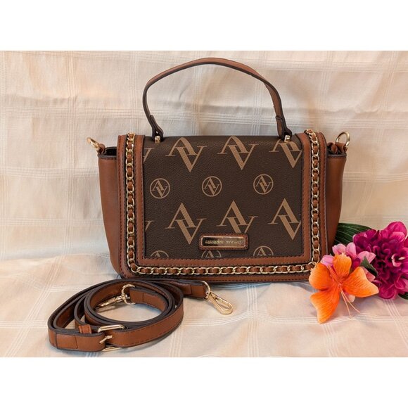 Adrienne Vittadini Brown Monogram Chain Strap Crossbody Bag Faux Leather - Picture 15 of 16